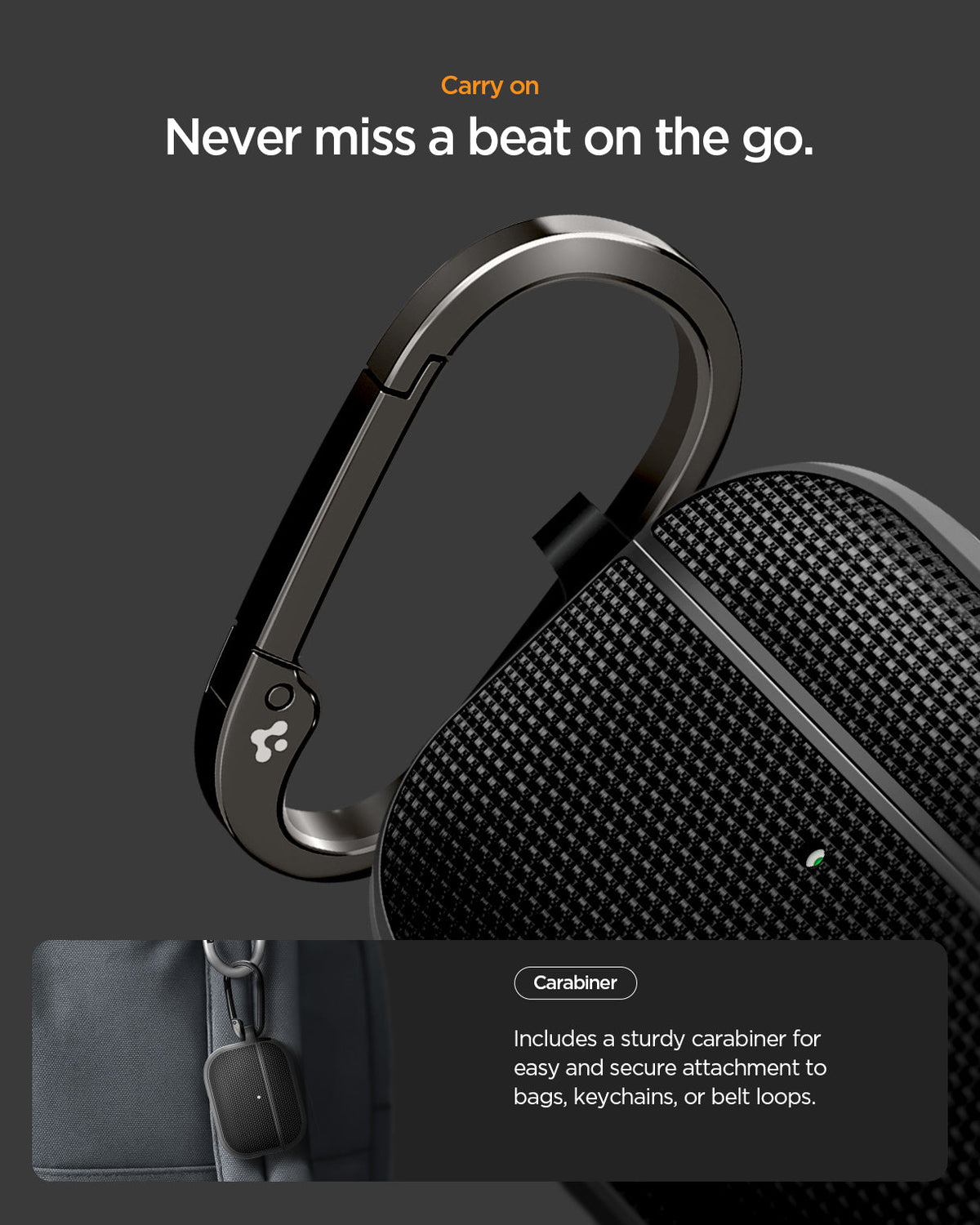 ACS10604 - AirPods Pro 3 Classic Fit in Black showing carry on. never miss a beat on the go