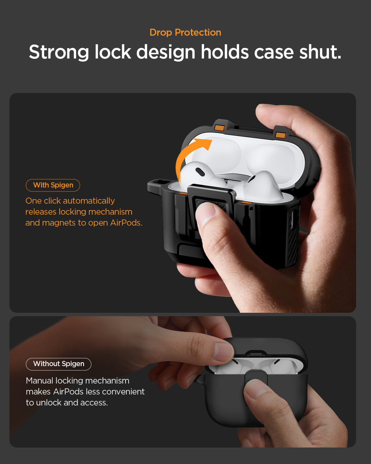 ACS09825 - AirPods Pro 3 Lock Fit in Matte Black showing drop design. Strong lock design holds case shut.