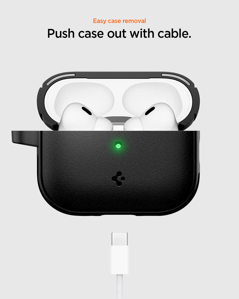 ACS09826 - AirPods Pro 3 Spigen Vault in Matte Black showing easy case removal. Push case out with cable