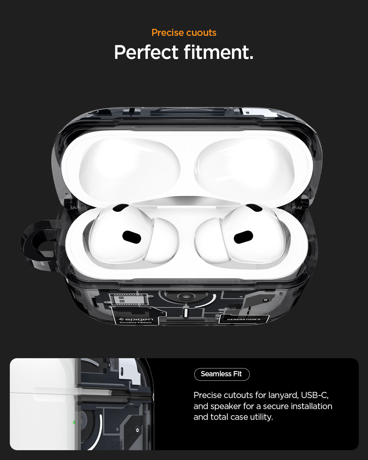 ACS09823 - AirPods Pro 3 Series Ultra Hybrid Zero One (MagFit) in Zero One Black precise cutouts. perfect fitment. seamless fit. precise cutouts for lanyard, USB-C and speaker for a secure installation and total case utility