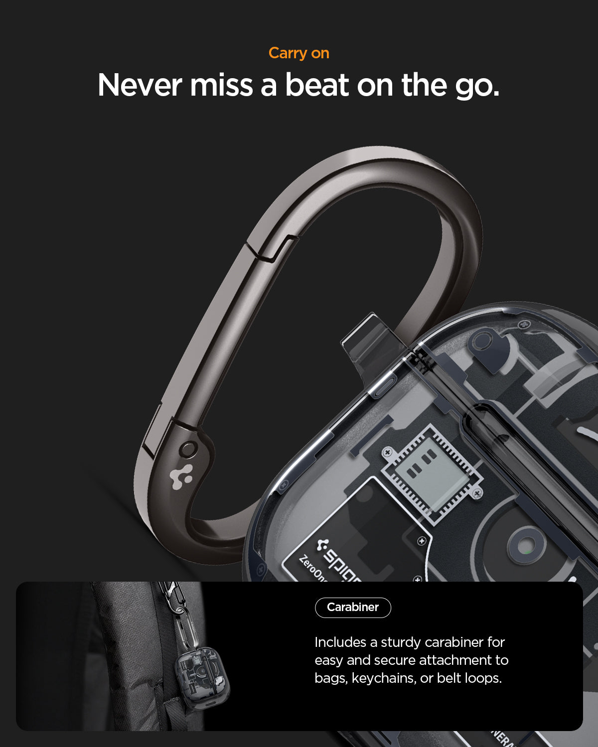 ACS09823 - AirPods Pro 3 Series Ultra Hybrid Zero One (MagFit) in Zero One Black showing carry on. never miss a beat on the go. carabiner. includes a sturdy carabiner for easy and secure attachment to bags keychains or belt loops.