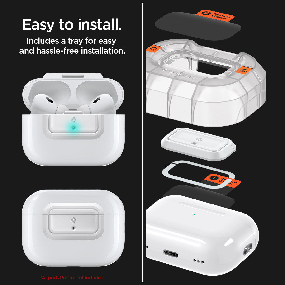 ASD06090 - Apple AirPods Pro / AirPods Pro 2 Case Lock Fit in white showing how easy it is to install. Includes a tray for easy and hassle-free installation