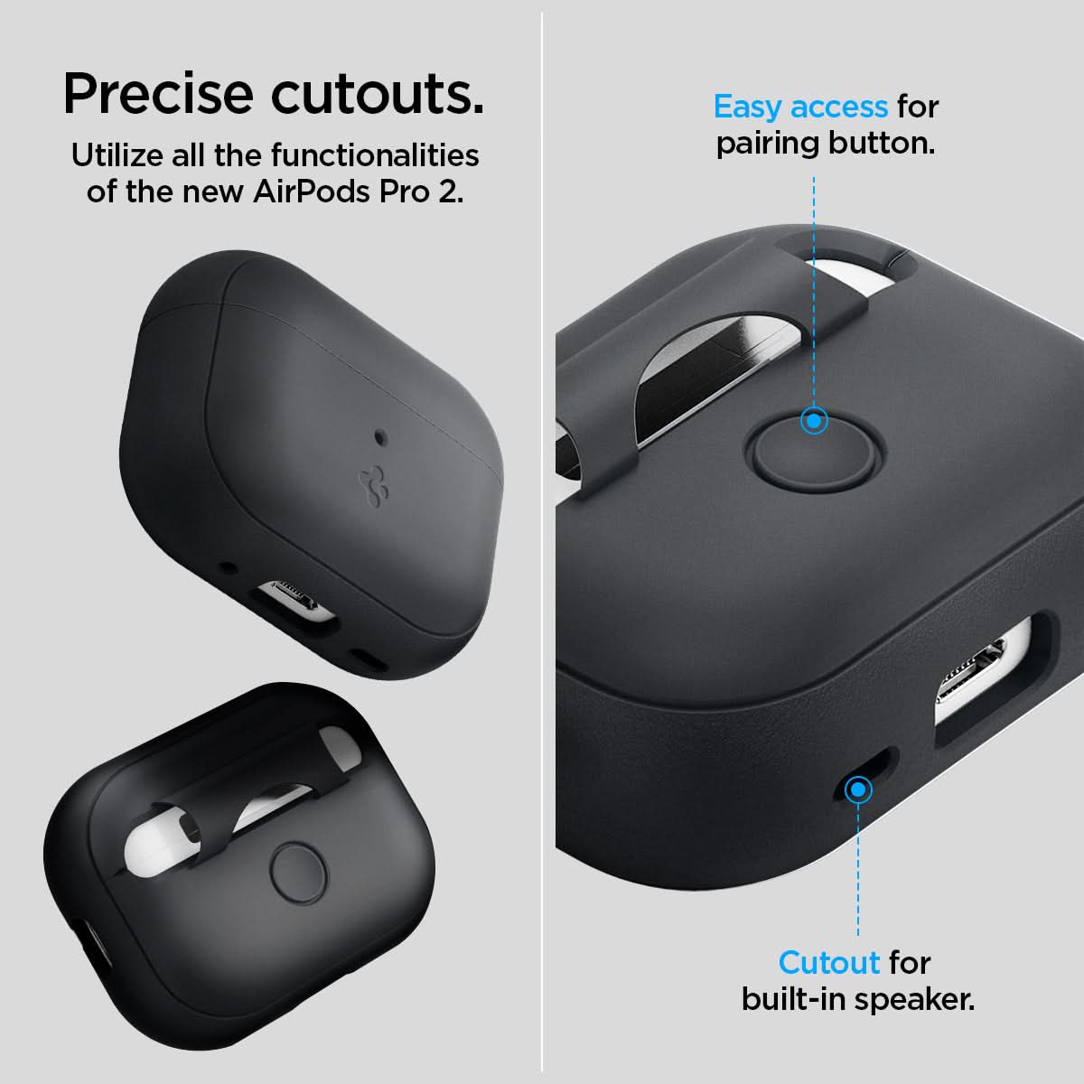ACS05479 - Apple AirPods Pro 2 Case Silicone Fit + strap in black showing the precise cutouts. Utilize all the functionalities of the new AirPods Pro 2 with easy access for pairing button and cutout for built-in speaker