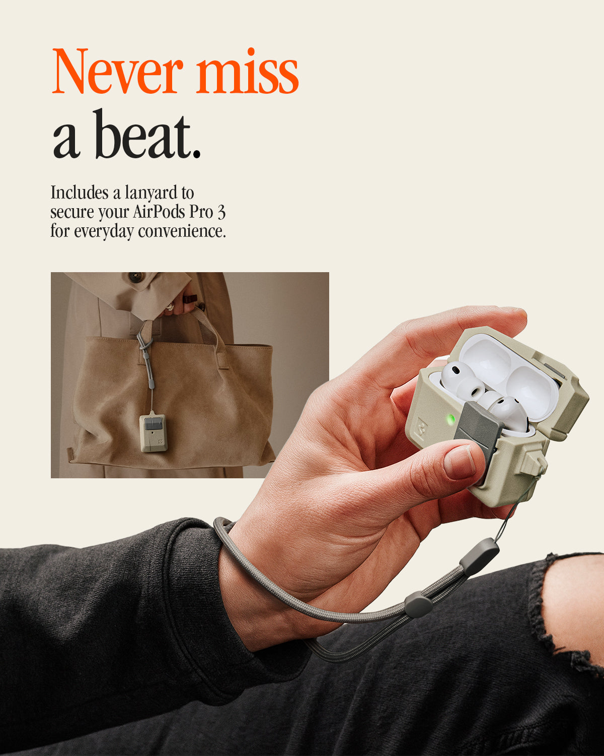 ACS10978 - AirPods Pro 3 Classic LS showing never miss a beat. Includes a lanyard to secure your Airpods Pro 3 for every day convenience