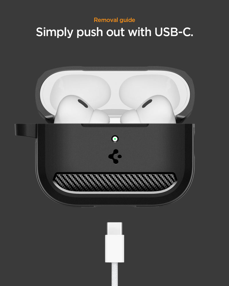 ACS09822 - AirPods Pro 3 Rugged Armor in Matte Black showing removal guide. simply push out with usb-c