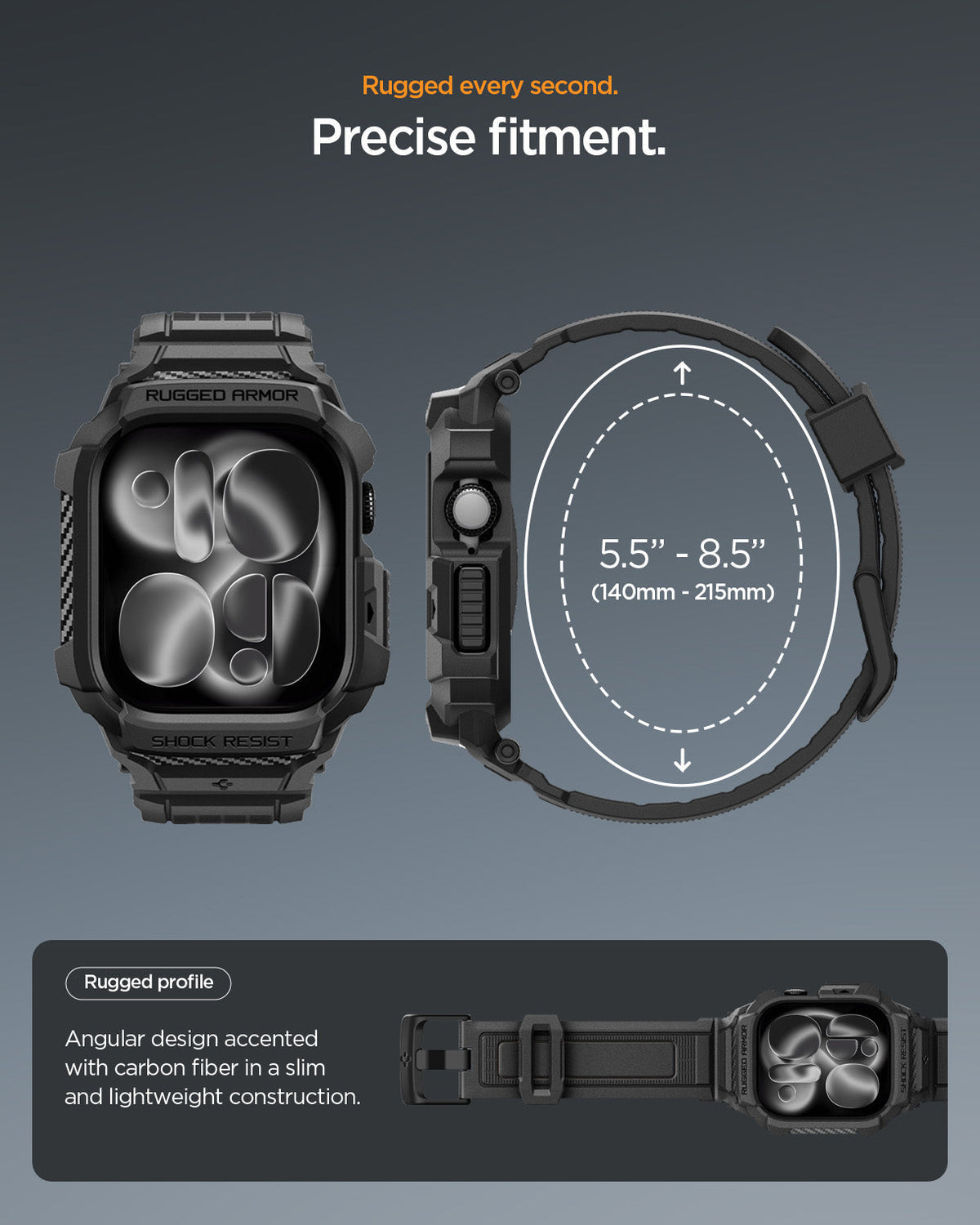 ACS10503 - Apple Watch 10/11 (46mm) Rugged Armor Pro 2 in Matte Black showing rugged every second. precise fitment