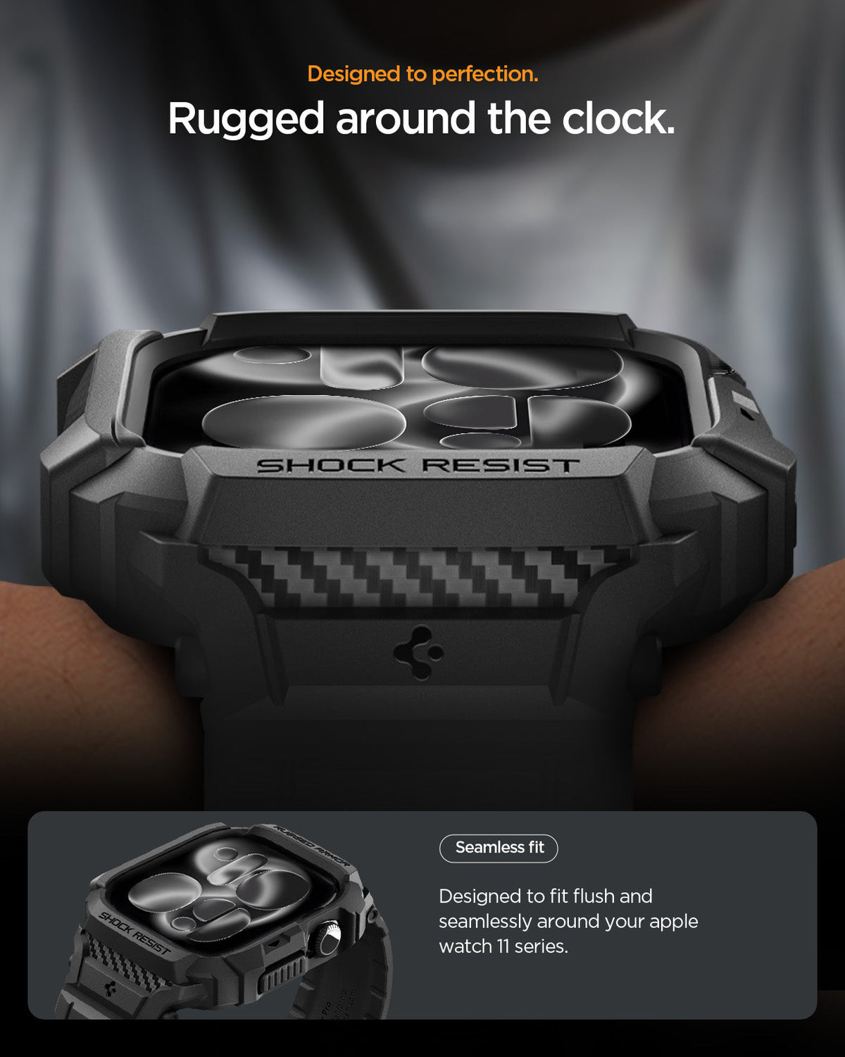 ACS10503 - Apple Watch 10/11 (46mm) Rugged Armor Pro 2 in Matte Black showing designed to perfection. rugged around the clock
