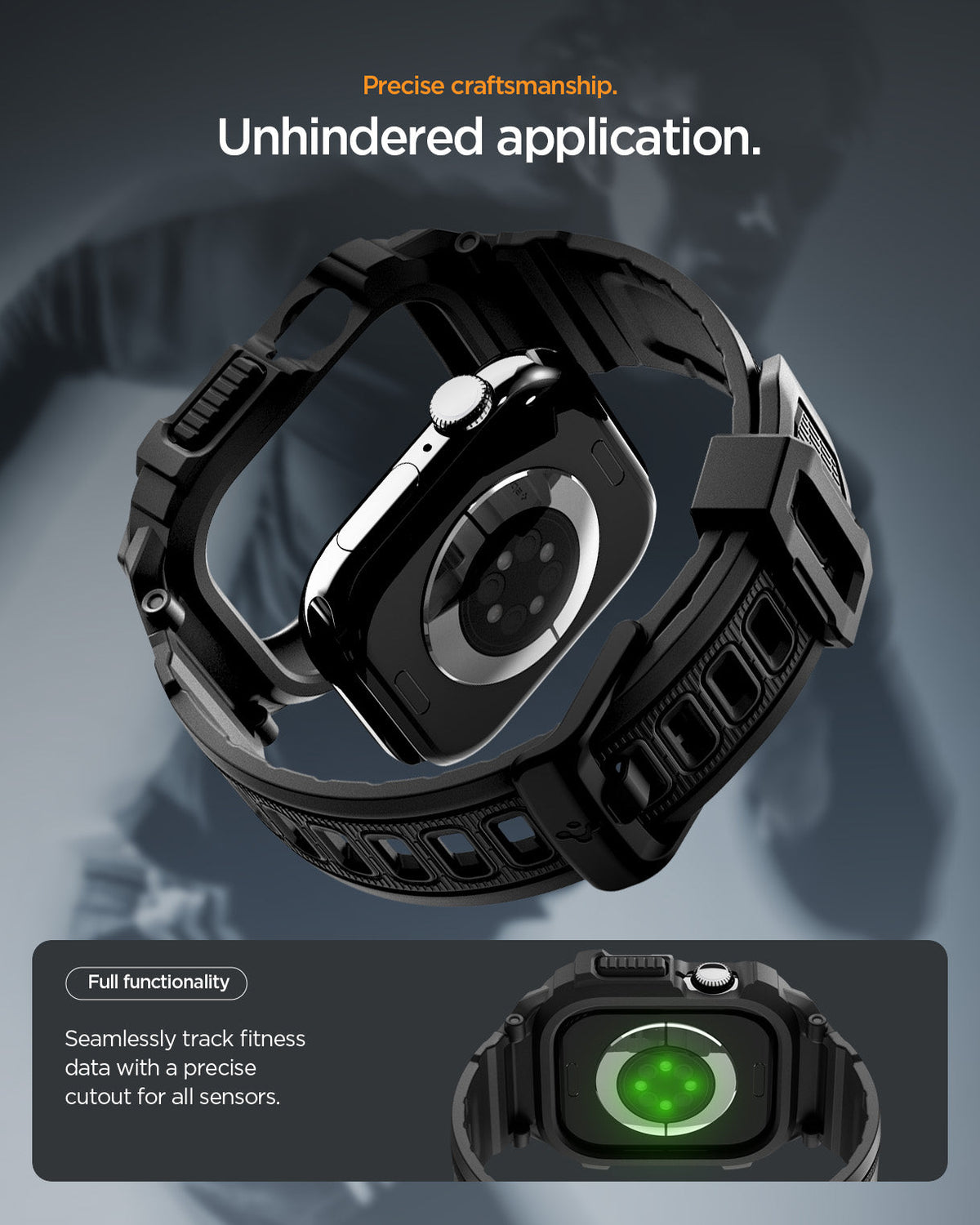 ACS10503 - Apple Watch 10/11 (46mm) Rugged Armor Pro 2 in Matte Black showing precise craftsmanship. unhindered application