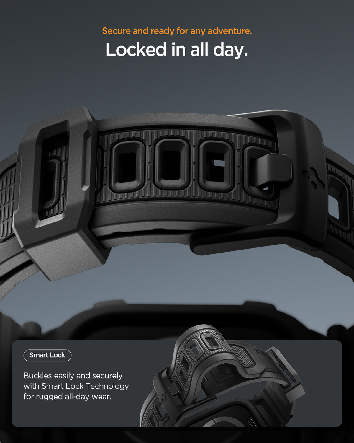 ACS10503 - Apple Watch 10/11 (46mm) Rugged Armor Pro 2 in Matte Black showing secure and ready for any adventure. locked in all day