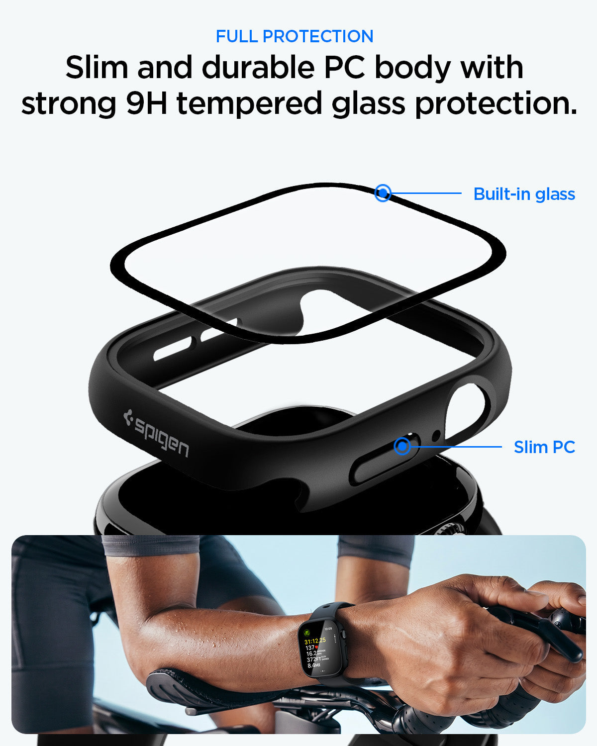 ACS11409 - Spigen Thin Fit 360 for Apple Watch 11 46mm with slim PC frame and built-in 9H tempered glass