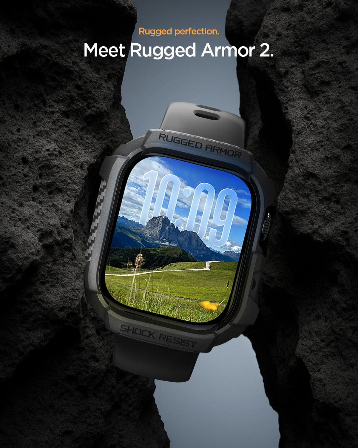 ACS10499 - Apple Watch 10/11 (46mm) Rugged Armor 2 in Matte Black showing rugged perfection. meet rugged armor 2.