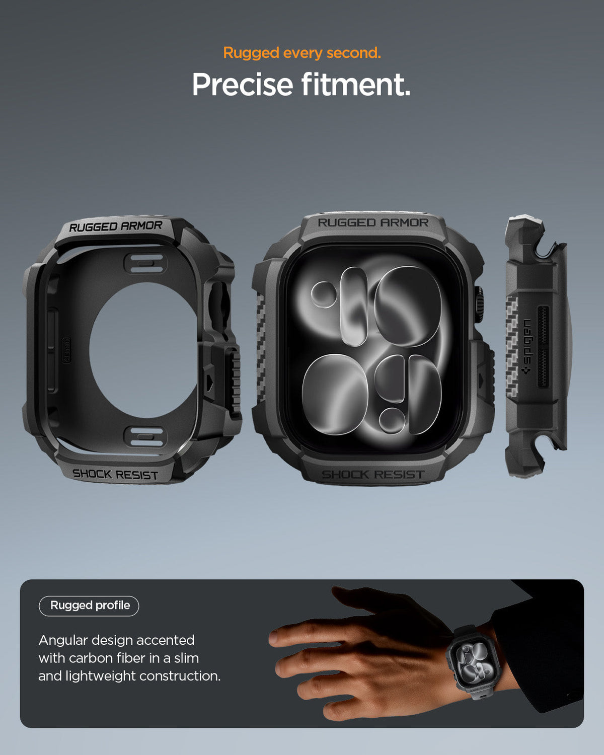 ACS10499 - Apple Watch 10/11 (46mm) Rugged Armor 2 in Matte Black showing rugged every second. precise fitment.
