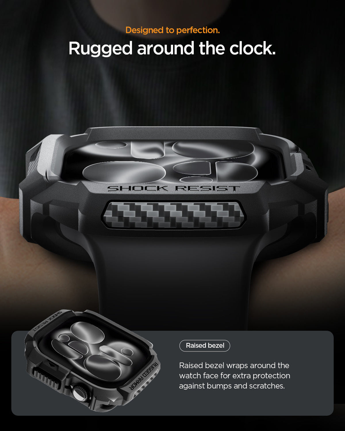 ACS10499 - Apple Watch 10/11 (46mm) Rugged Armor 2 in Matte Black showing designed to perfection. rugged around the clock