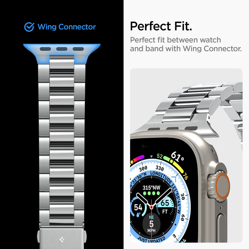 AMP06356 - Apple Watch Series (Apple Watch (49mm)/Apple Watch (45mm)/Apple Watch (42mm)) Watch Band Modern Fit 316L in silver perfect fit between watch and band with wing connector.