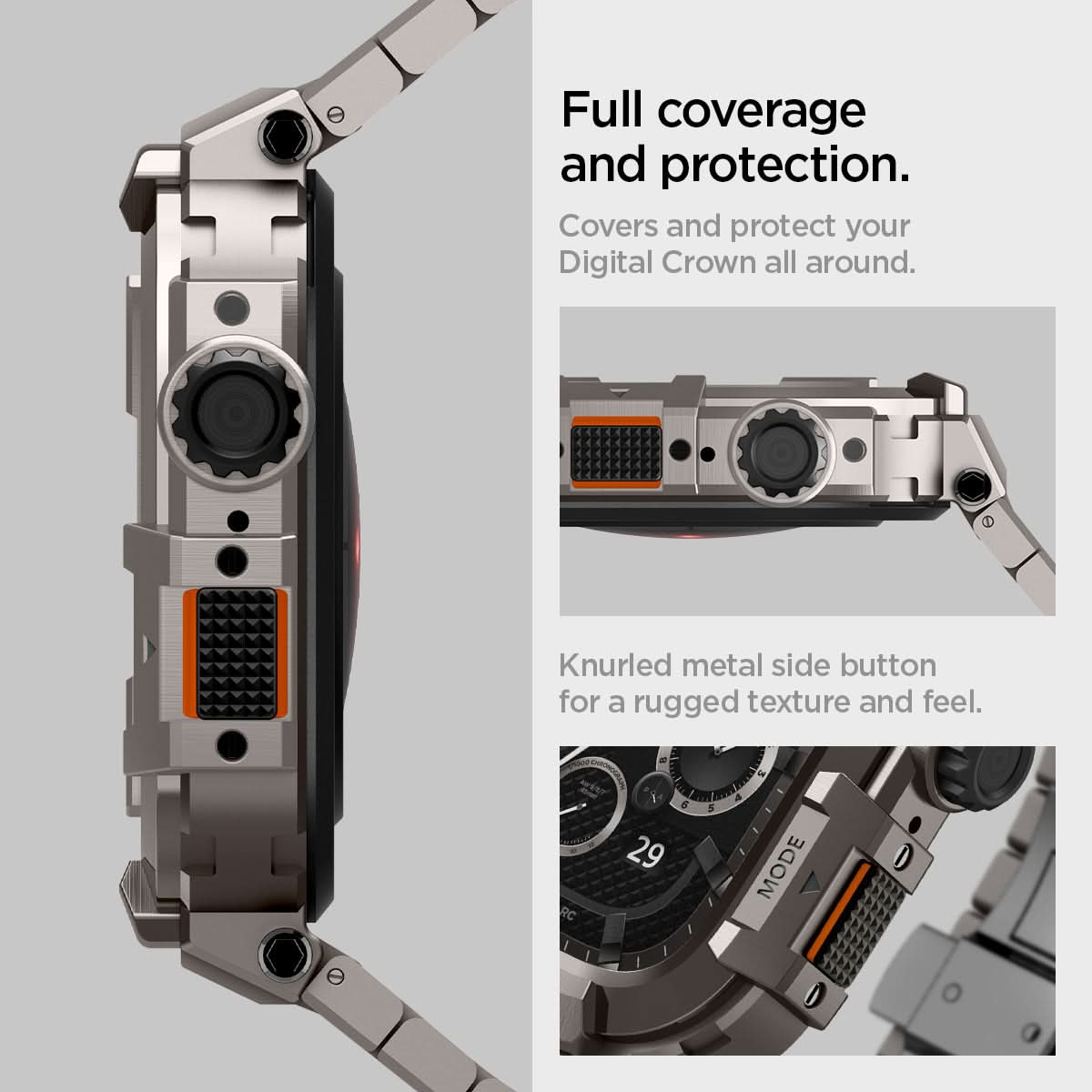 ACS07660 - Apple Watch (45mm) Case Metal Armor Pro in Gunmetal showing the full coverage and protection. Covers and protect your Digital Crown all around. Knurled metal side button for a rugged texture and feel