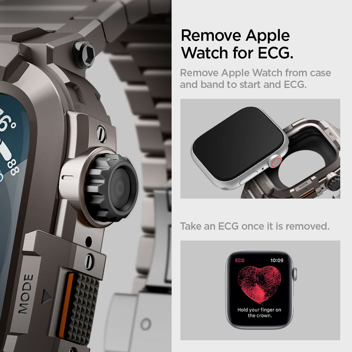 ACS07660 - Apple Watch (45mm) Case Metal Armor Pro in Gunmetal showing the removal of Apple Watch for ECG. Remove Apple Watch from case and band to start and ECG. Take an ECG once it is removed