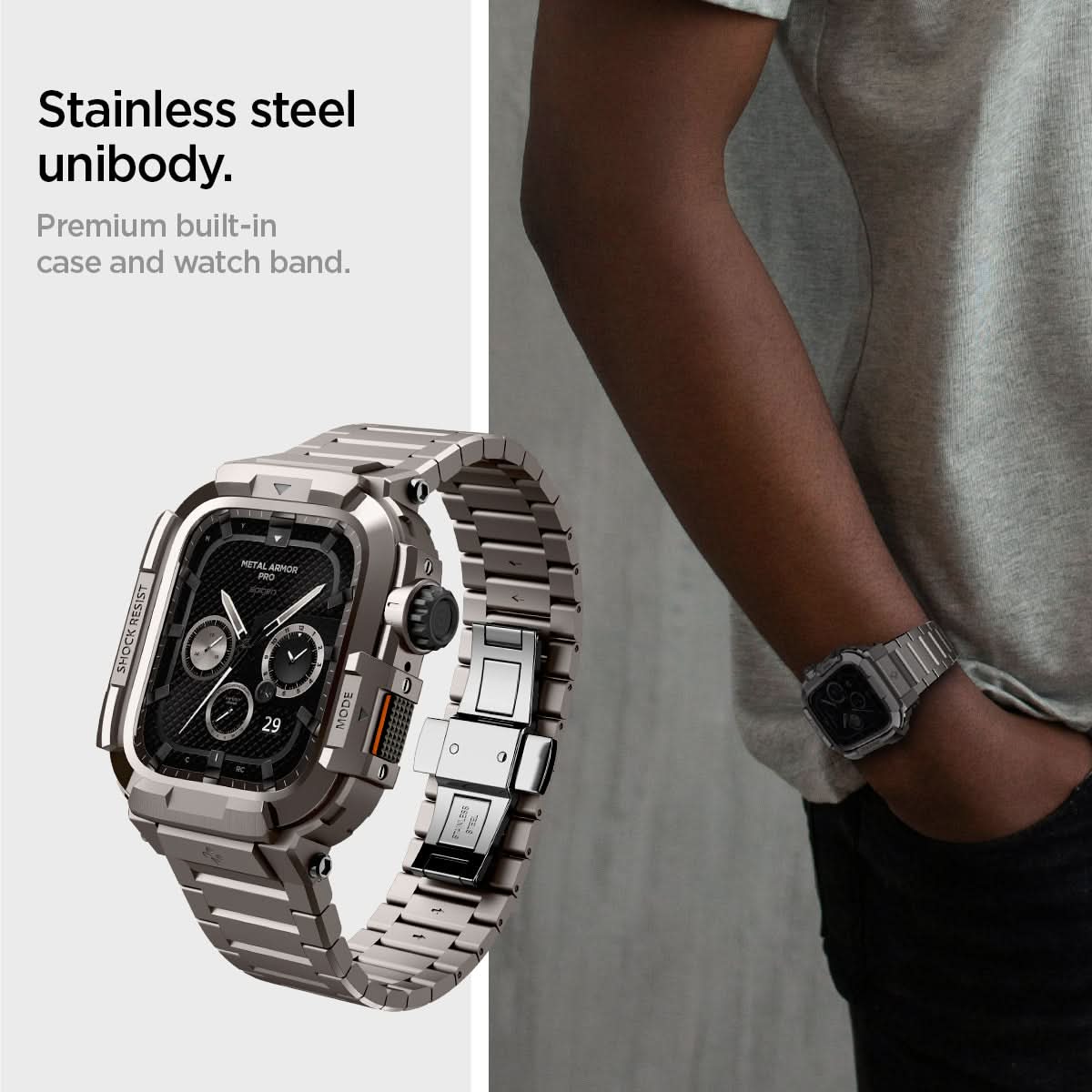 ACS07660 - Apple Watch (45mm) Case Metal Armor Pro in Gunmetal showing the stainless steel unibody. Premium built-in case and watch band