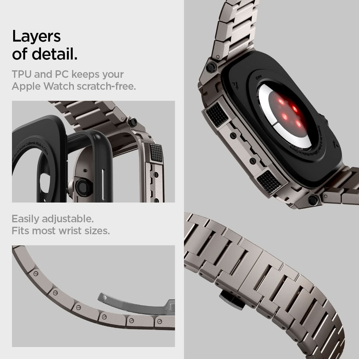 ACS07660 - Apple Watch (45mm) Case Metal Armor Pro in Gunmetal showing the Layers of detail. TPU and PC keeps your Apple Watch scratch-free. Easily adjustable. Fits most wrist sizes
