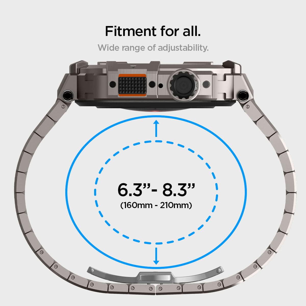 ACS07660 - Apple Watch (45mm) Case Metal Armor Pro in Gunmetal showing the fitment for all. Wide range of adjustability. 6.3"-8.3" (160mm-210mm)