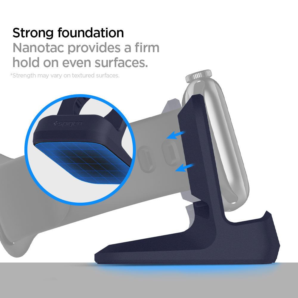 000CD21182 - Apple Watch Night Stand S350 in midnight blue showing the Strong foundation. Nanotac provides a firm hold on even surfaces