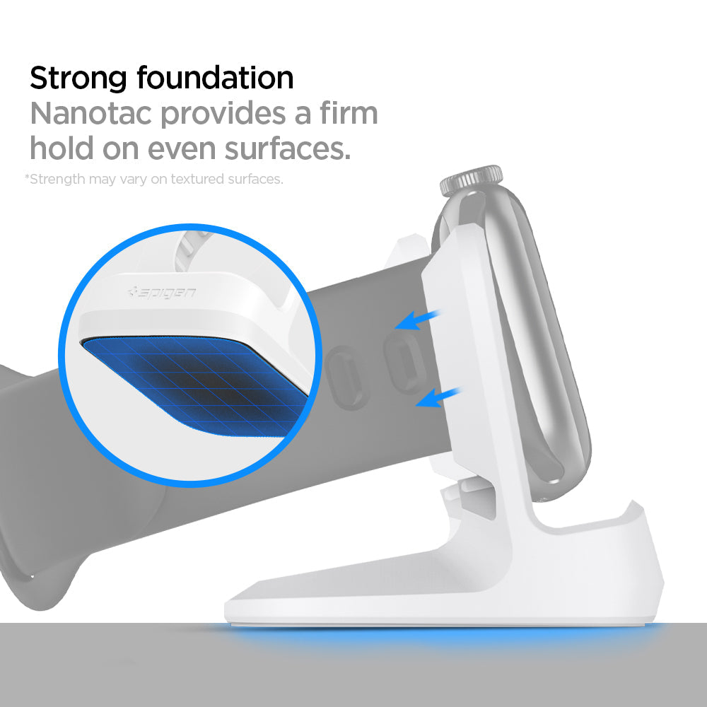 000CD21181 - Apple Watch Night Stand S350 in white showing the Strong foundation. Nanotac provides a firm hold on even surfaces