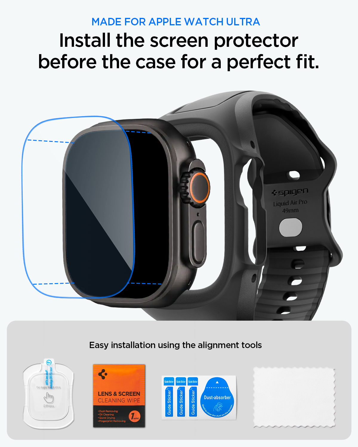 ACS11416 - Apple Watch Series - Liquid Air Pro with Screen Protector in Black showing install the screen protector before the case for a perfect fit