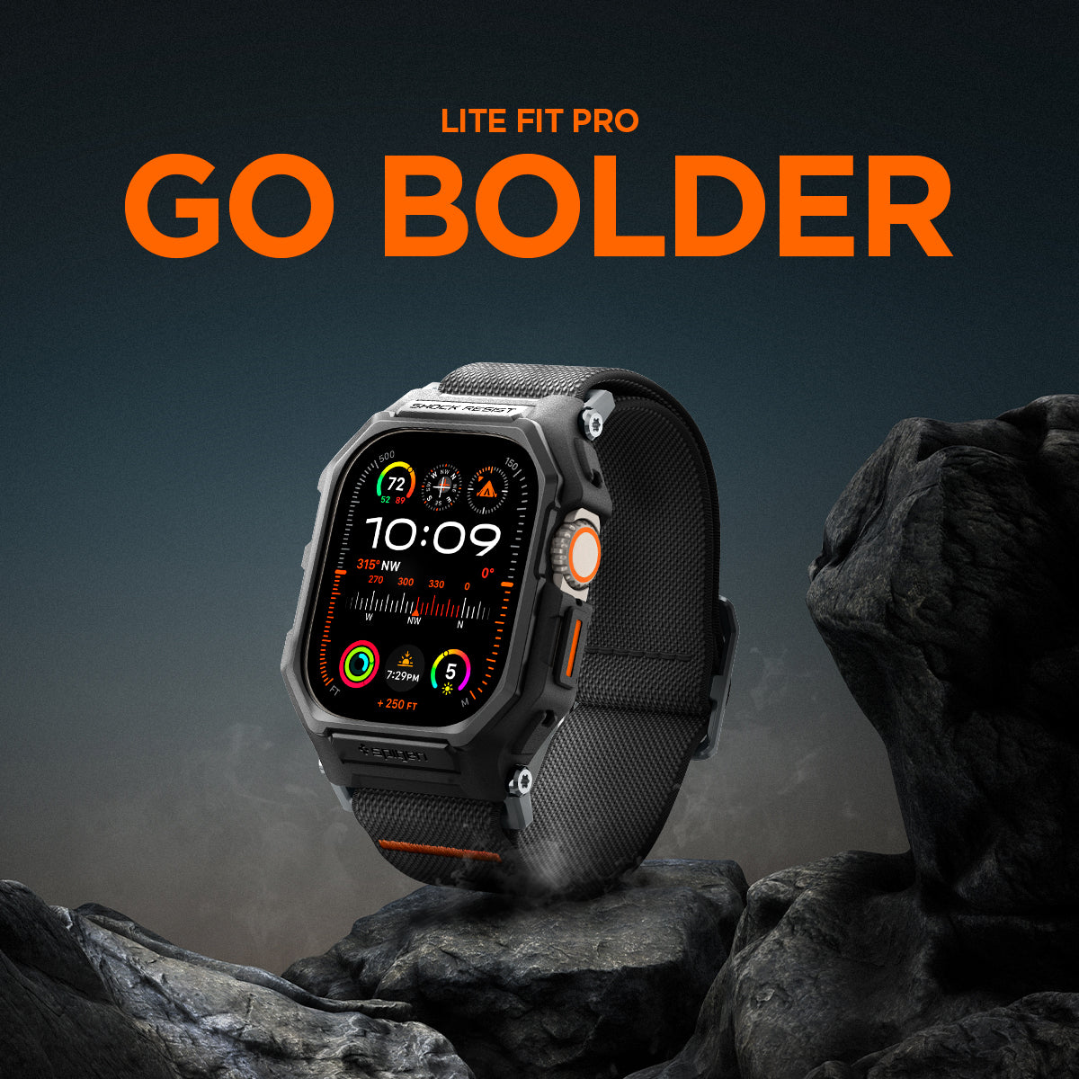 ACS07104 - Apple Watch (49mm) Lite Fit Pro Matte Black in Matte Black showing the watch on top of a rock