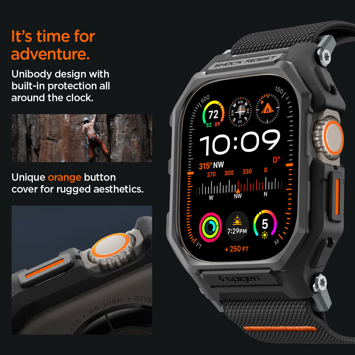 ACS07104 - Apple Watch (49mm) Lite Fit Pro Matte Black in Matte Black showing the unibody design with built-in protection all around the clock. Unique orange button cover for rugged aesthetics