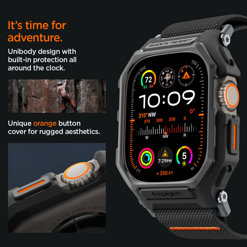 ACS07104 - Apple Watch (49mm) Lite Fit Pro Matte Black in Matte Black showing the unibody design with built-in protection all around the clock. Unique orange button cover for rugged aesthetics