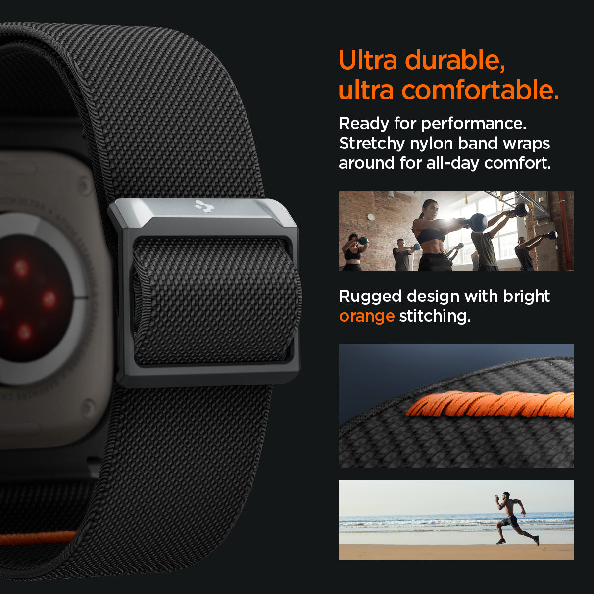 ACS07104 - Apple Watch (49mm) Lite Fit Pro Matte Black in Matte Black showing the ultra durable, ultra comfortable. Ready for performance. Stretchy nylon band wraps around for all-day comfort. Rugged design with bright orange stitching