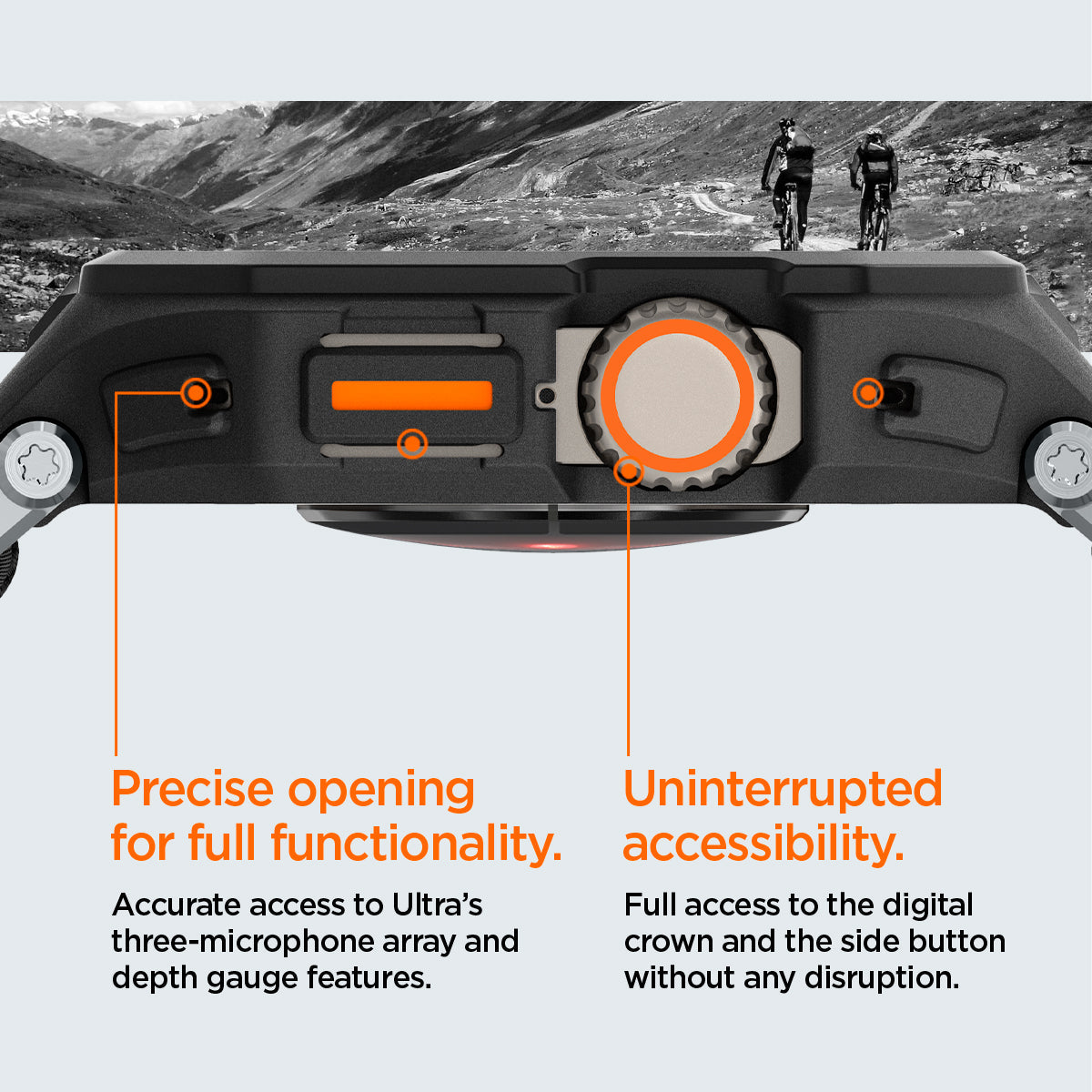 ACS07104 - Apple Watch (49mm) Lite Fit Pro Matte Black in Matte Black showing the precise opening for full functionality. Accurate access to Ultra's three-microphone array and depth gauge features. Uninterrupted accessibility. Full access to the digital crown and the side button without any distruption