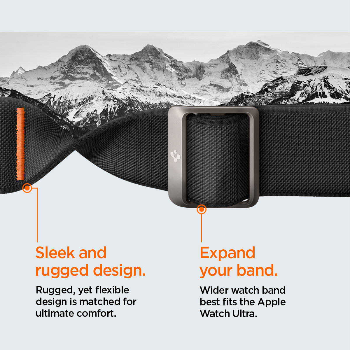 ACS07104 - Apple Watch (49mm) Lite Fit Pro Matte Black in Matte Black showing the sleek and rugged design. Rugged, yet flexible design is matched for ultimate comfort. Expand your band. Wider watch band best fits the Apple Watch Ultra