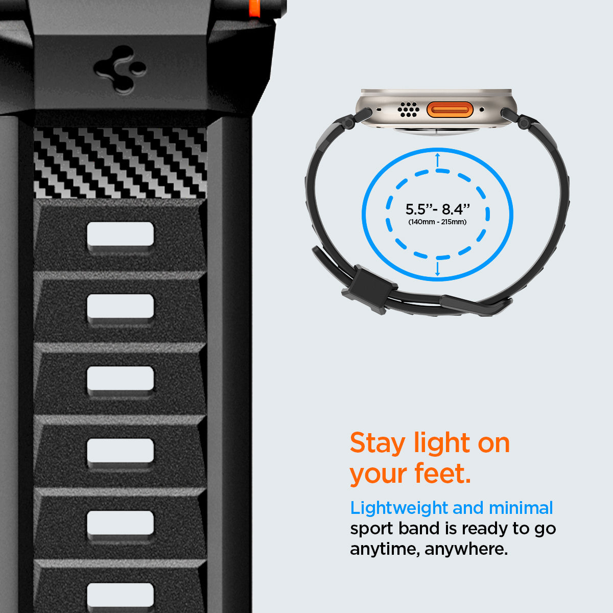 AMP02854 - Apple Watch Series Rugged Band in Matte Black showing stay light on your feet. Lightweight and minimal sport band is ready to go anytime, anywhere