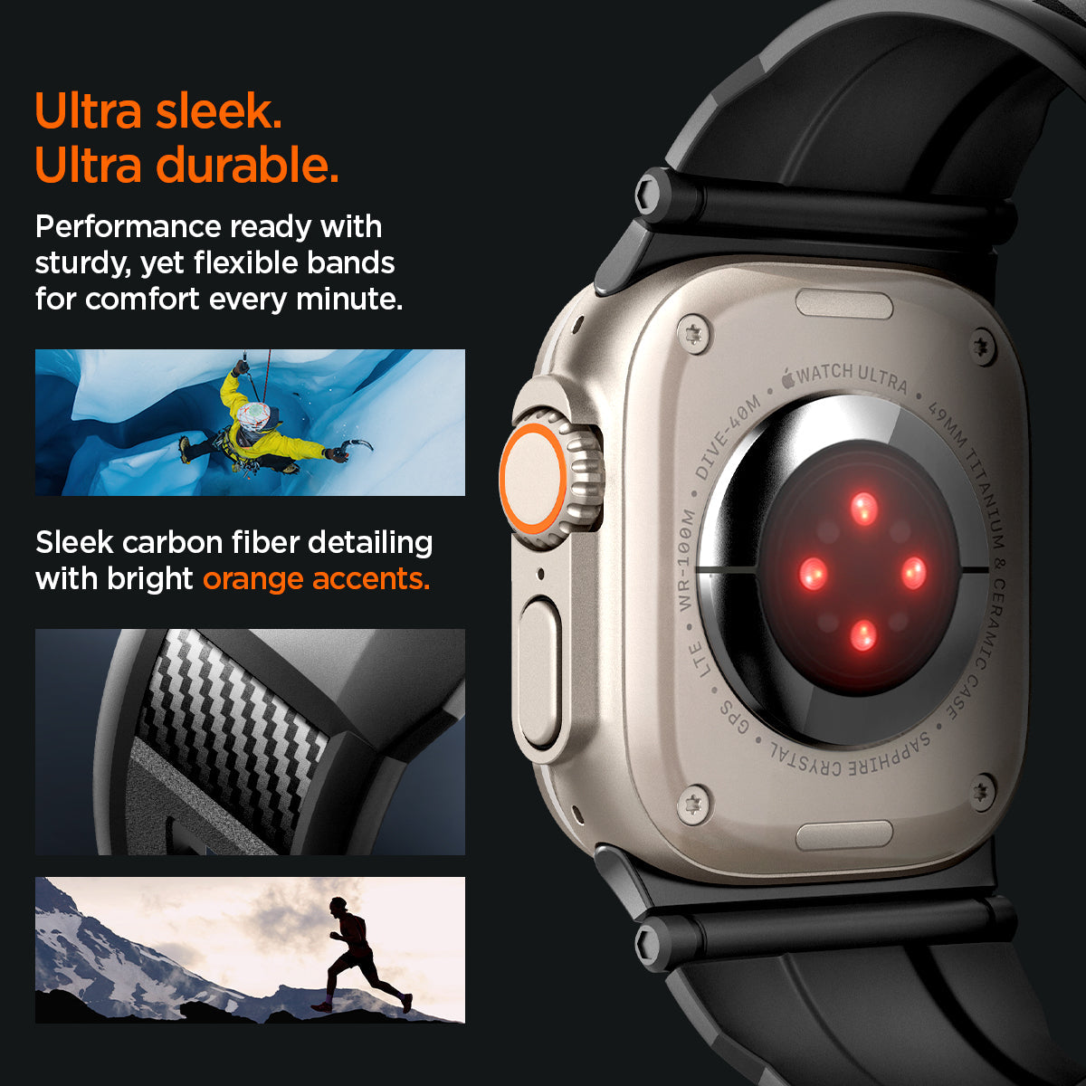 AMP02854 - Apple Watch Series Rugged Band in Matte Black showing ultra sleek, ultra durable. performance ready with sturdy yet flexible bands for comfort every minute. sleek carbon fiber detailing with bright orange accents