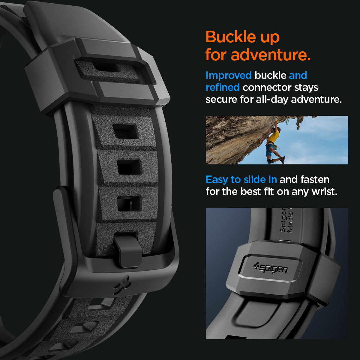 AMP02854 - Apple Watch Series Rugged Band in Matte Black showing buckle up for adventure. improved buckle and refined connector stays secure or all day adventure. Easy to slide in and fasten for the best fit on any wrist