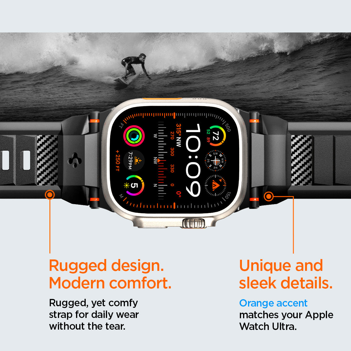 AMP02854 - Apple Watch Series Rugged Band in Matte Black showing rugged design. modern comfort. rugged yet comfy strap for daily wear without the tear. unique and sleek details. orange accent matches your apple watch ultra