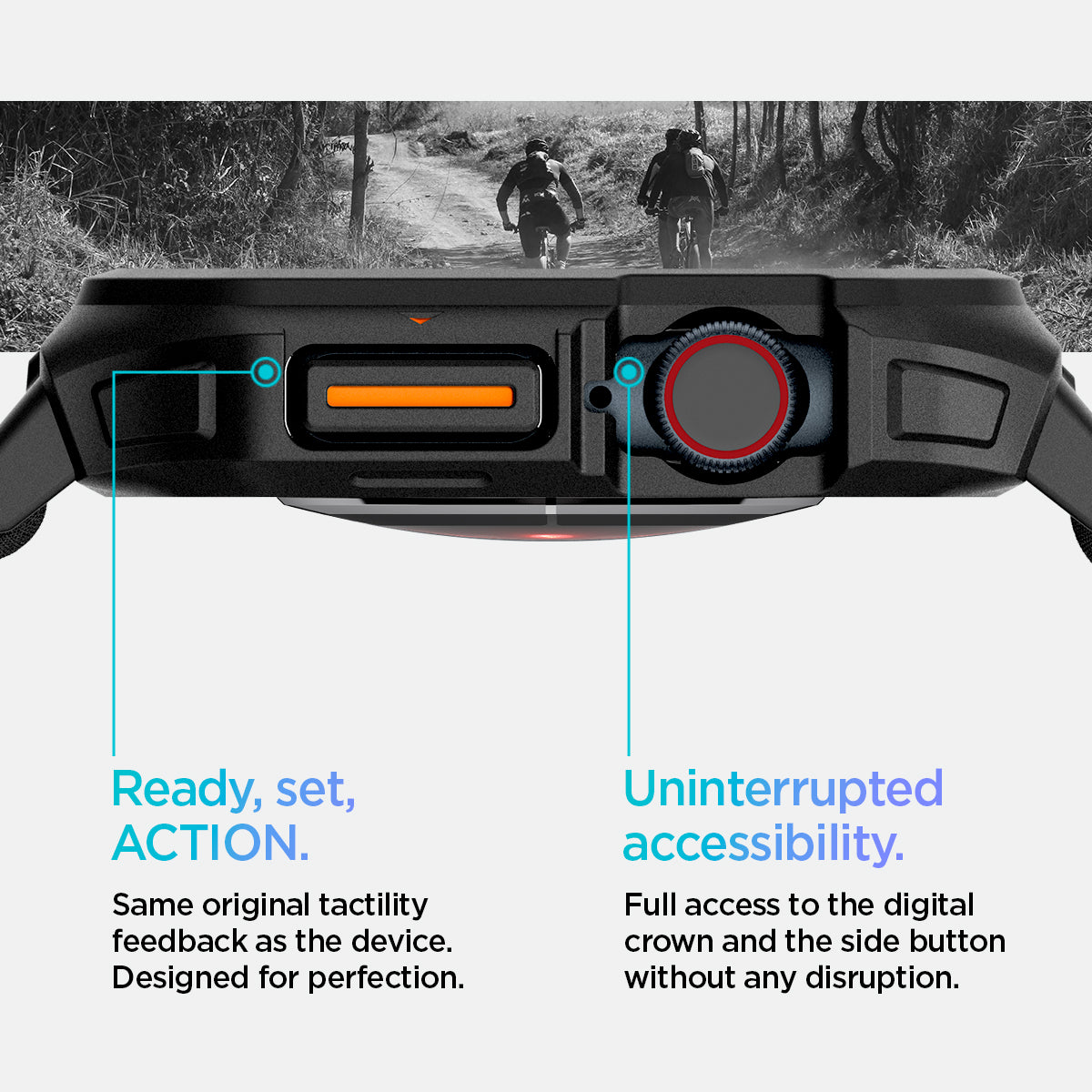 ACS08609 - Apple Watch (46mm) Case Lite Fit Pro in Matte Black showing the same original tactility feedback as the device. Designed for protection. Uninterrupted accessibility. Full access to the digital crown and the side button without any disruption