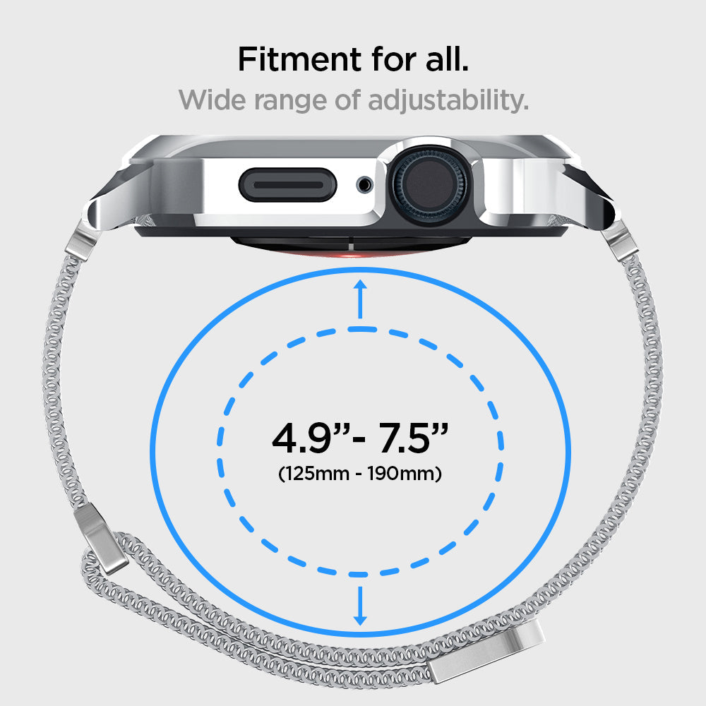 ACS04586 - Apple Watch (40mm) Metal Fit Pro in Silver showing the fitment for all. Wide range of adjustability. 4_9: - 7.5"