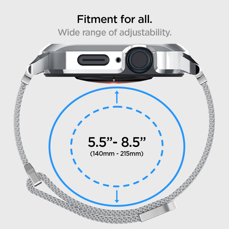 ACS04584 - Apple Watch Series (Apple Watch (45mm) Case Metal Fit Pro in silver showing the fitment for all. Wide range of adjustability 5.5" / 8.5