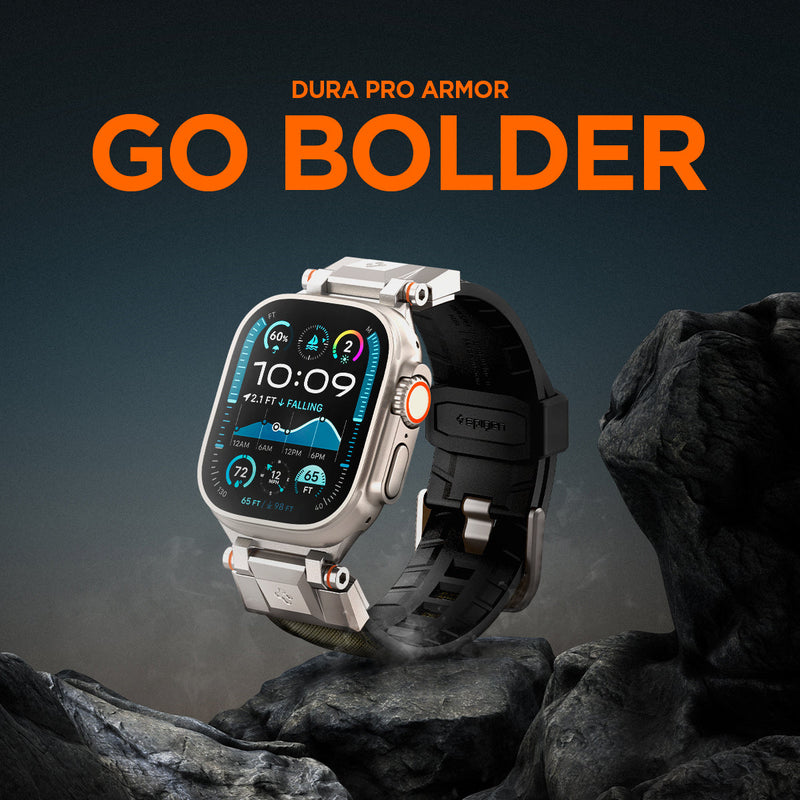 AMP09102 - Apple Watch Ultra (49mm) DuraPro Armor in Military Green showing clock in the top of the mountain and Go bolder.