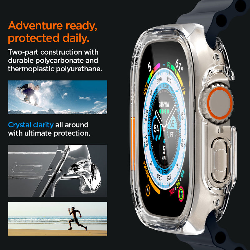 ACS05459 - Apple Watch Ultra (Apple Watch (49mm)) Case Ultra Hybrid in crystal clear two part construction with durable polycarbonate and thermoplastic polyurethane. Crystal clarity all around with ultimate protection. Adventure ready, protected daily.