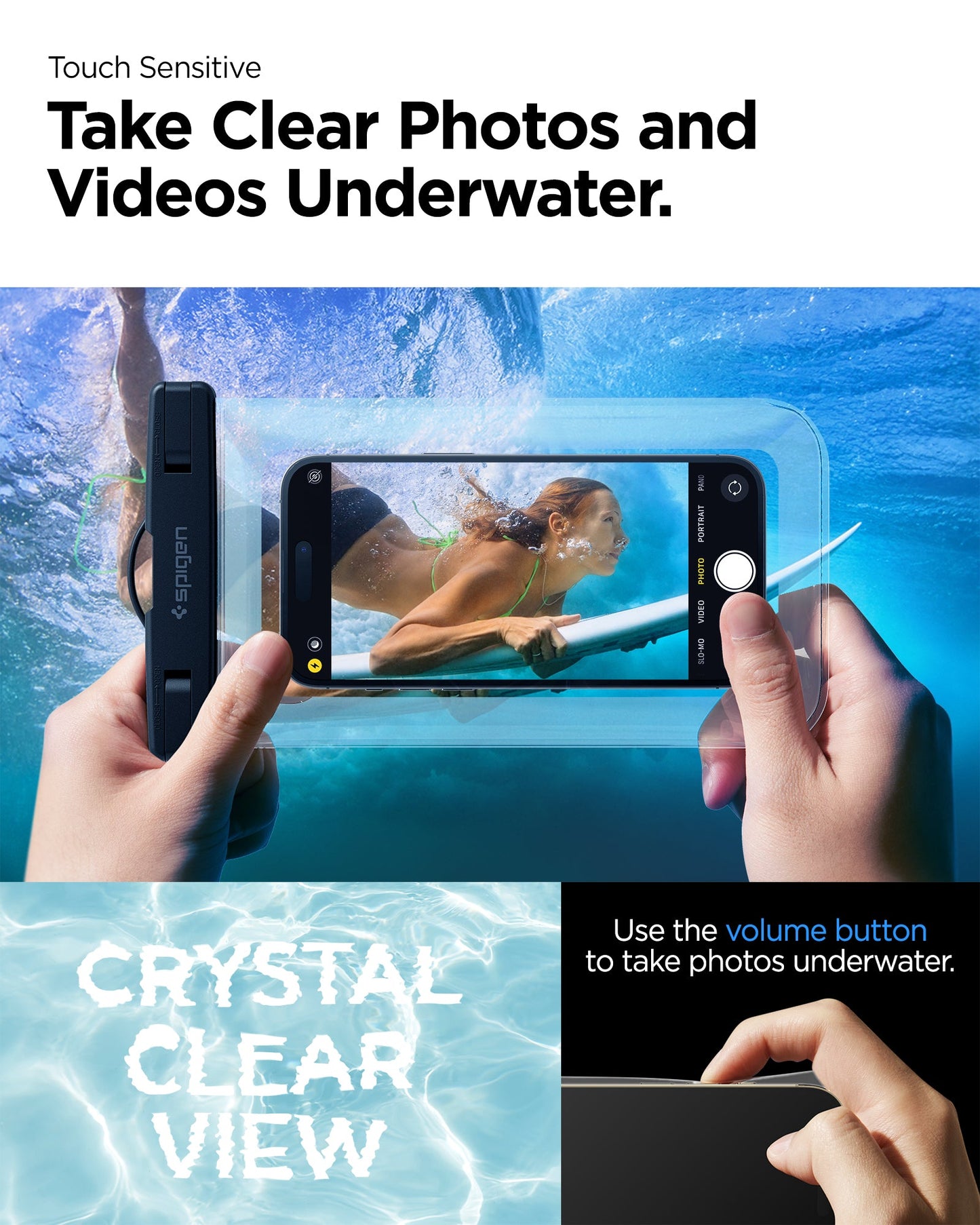 AMP04526 - AquaShield Waterproof Case A601 in Crystal Clear showing the touch sensitivity, can take clear photos and videos underwater, use volume button to take photos underwater