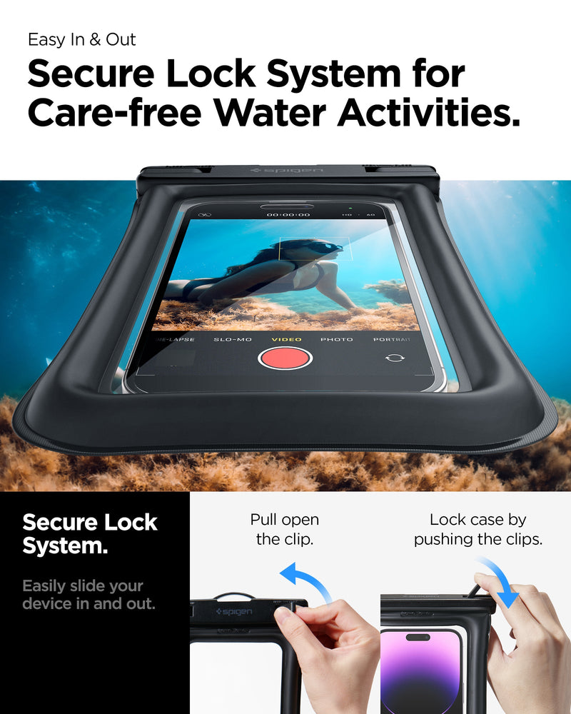 AMP04527 - AquaShield Waterproof Floating Case (2 Pack) A610 in Black showing the secure lock system for care-free water activities, easily slide your device in and out