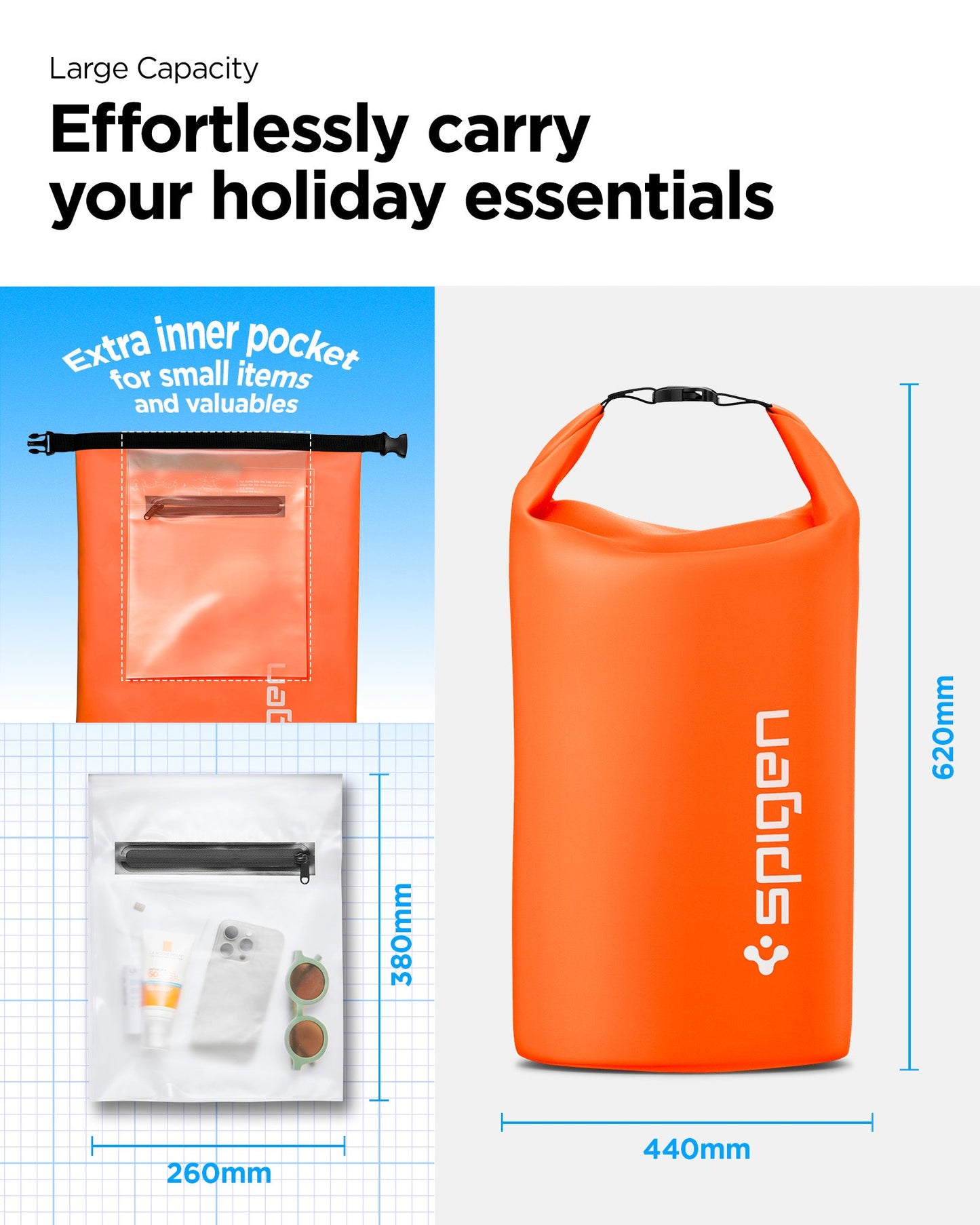 AMP07227 - AquaShield Waterproof Bag A631 in Sunset Orange showing the large capacity, effortlessly carry your holiday essentials with extra inner pocket (260mmx380mm) for small item and valuables, bag size(440mmx620mm)