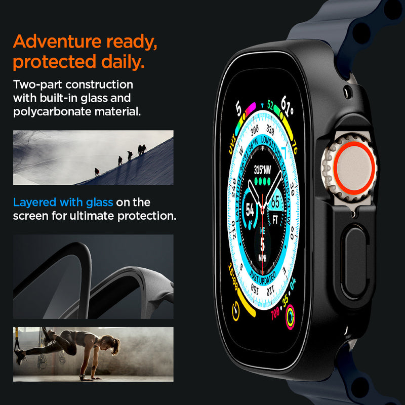 ACS05558 - Apple Watch Ultra (Apple Watch (49mm)) Case Thin Fit 360 in black adventure ready, protected daily. Two part construction with built in glass and polycarbonate material. Layered with glass on the screen for ultimate protection.