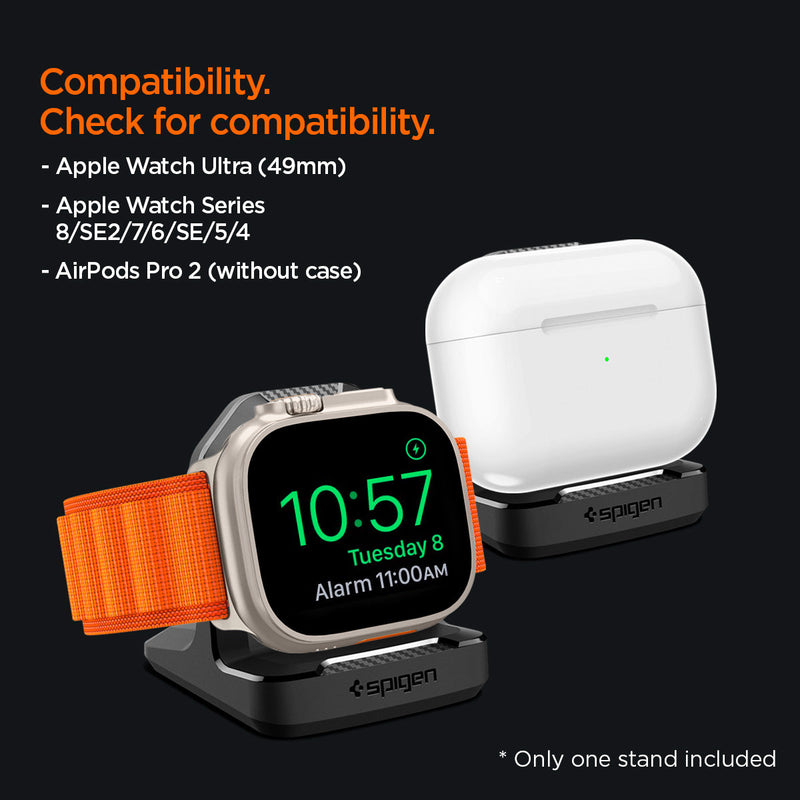 AMP05764 - Apple Watch Rugged Armor Stand in black showing the compatibility. Apple Watch Ultra (49mm), Apple Watch Series 8/SE2/7/6/SE/5/4, AirPods Pro 2 (without case)