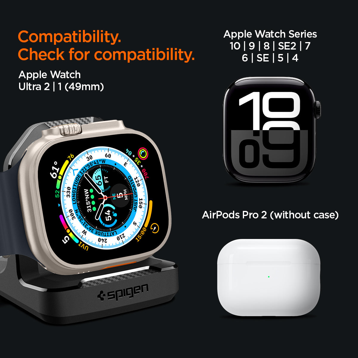 AMP05764 - Apple Watch Rugged Armor Stand in black showing the compatibility. Apple Watch Ultra 2 | 1 (49mm), Apple Watch Series 10 | 9 | SE2 | 7 | 6 | SE | 5 | 4, Airpods Pro 2 (without case)