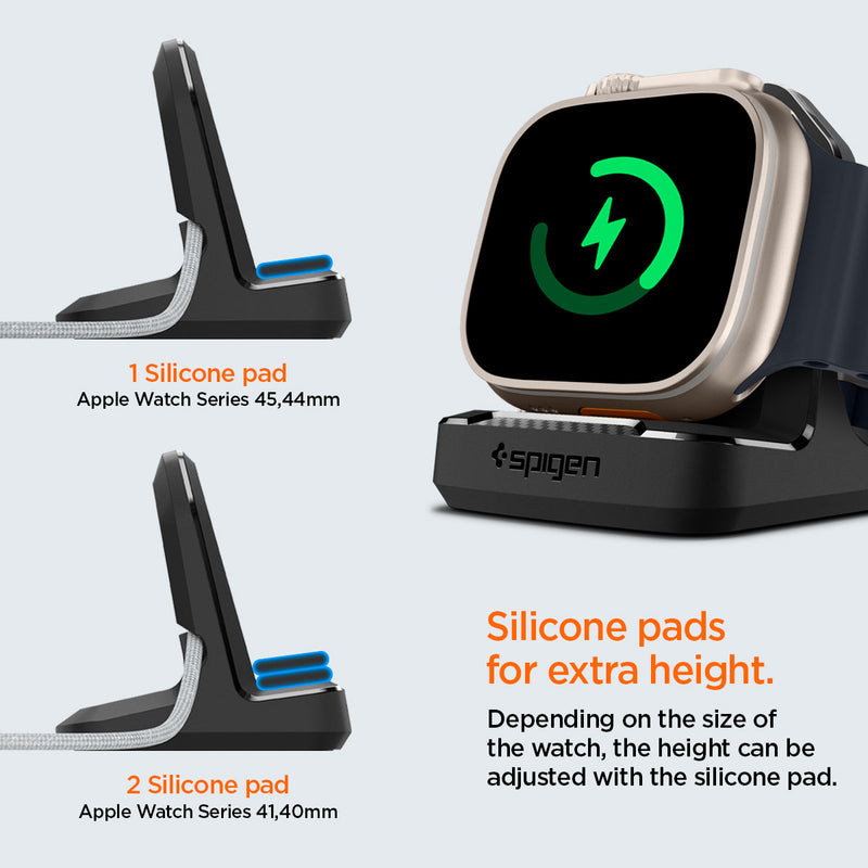AMP05764 - Apple Watch Rugged Armor Stand in black showing the silicone pads for extra height. Depending on the size of the watch, the height can be adjusted with the silicone pad. 1 silicone pad - apple watch series 45,44mm | 2 silicone pad apple watch series 41,40mm