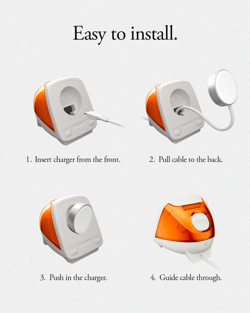 AMP09342 - Apple Watch Classic C1 Charger Stand in tangerine easy to install. insert charger from the front. pull cable to the back. push in the charger. guide cable though.
