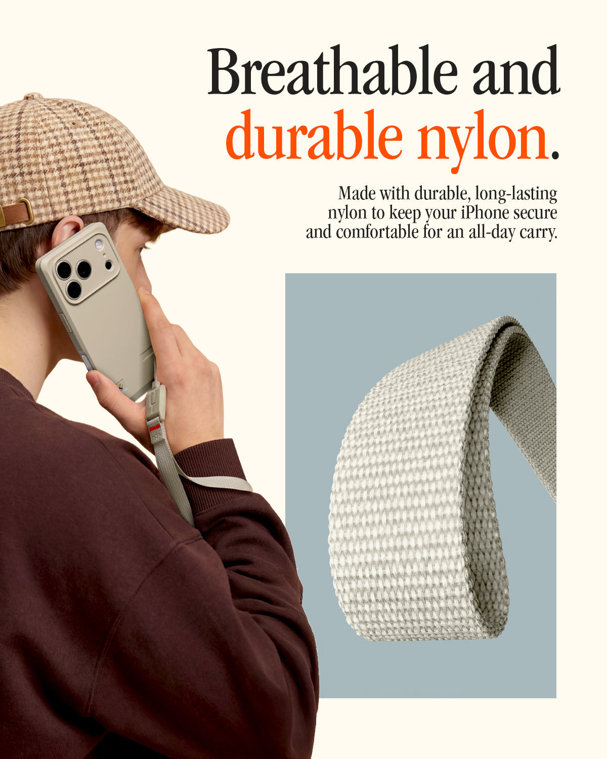 AFA10617 - DA30S LS lanyard breathable and durable nylon strap worn on wrist while holding iPhone, highlighting textured nylon material for comfortable all-day carry